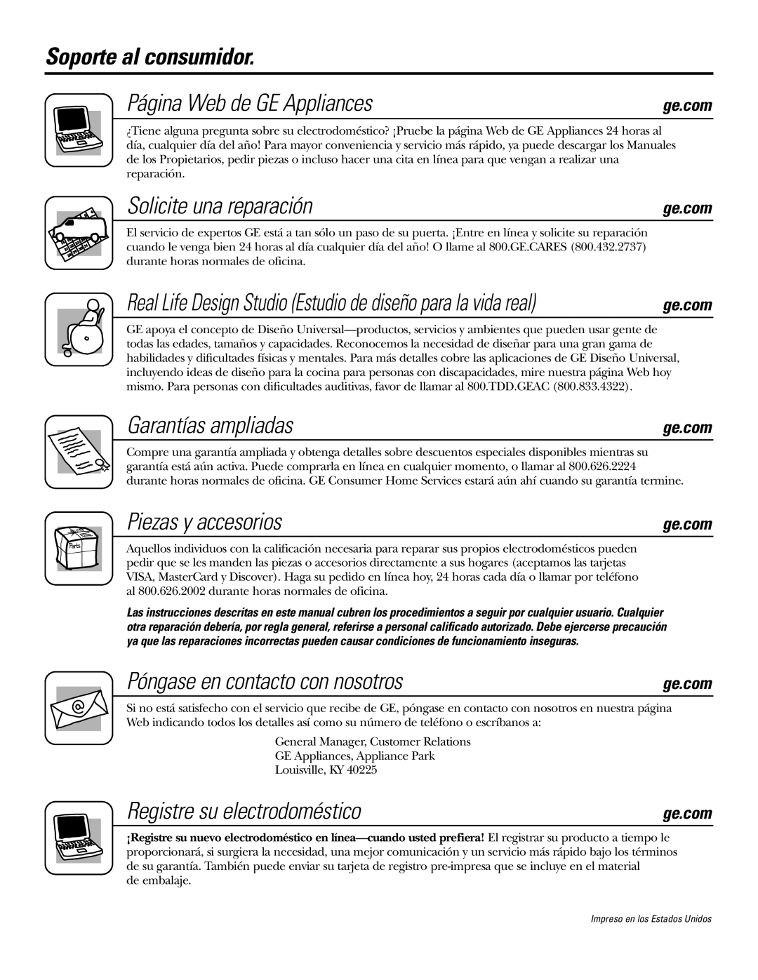 GE JTP7030, JKP3527 Soporte al consumidor Página Web de GE Appliances, Solicite una reparación, Garantías ampliadas 