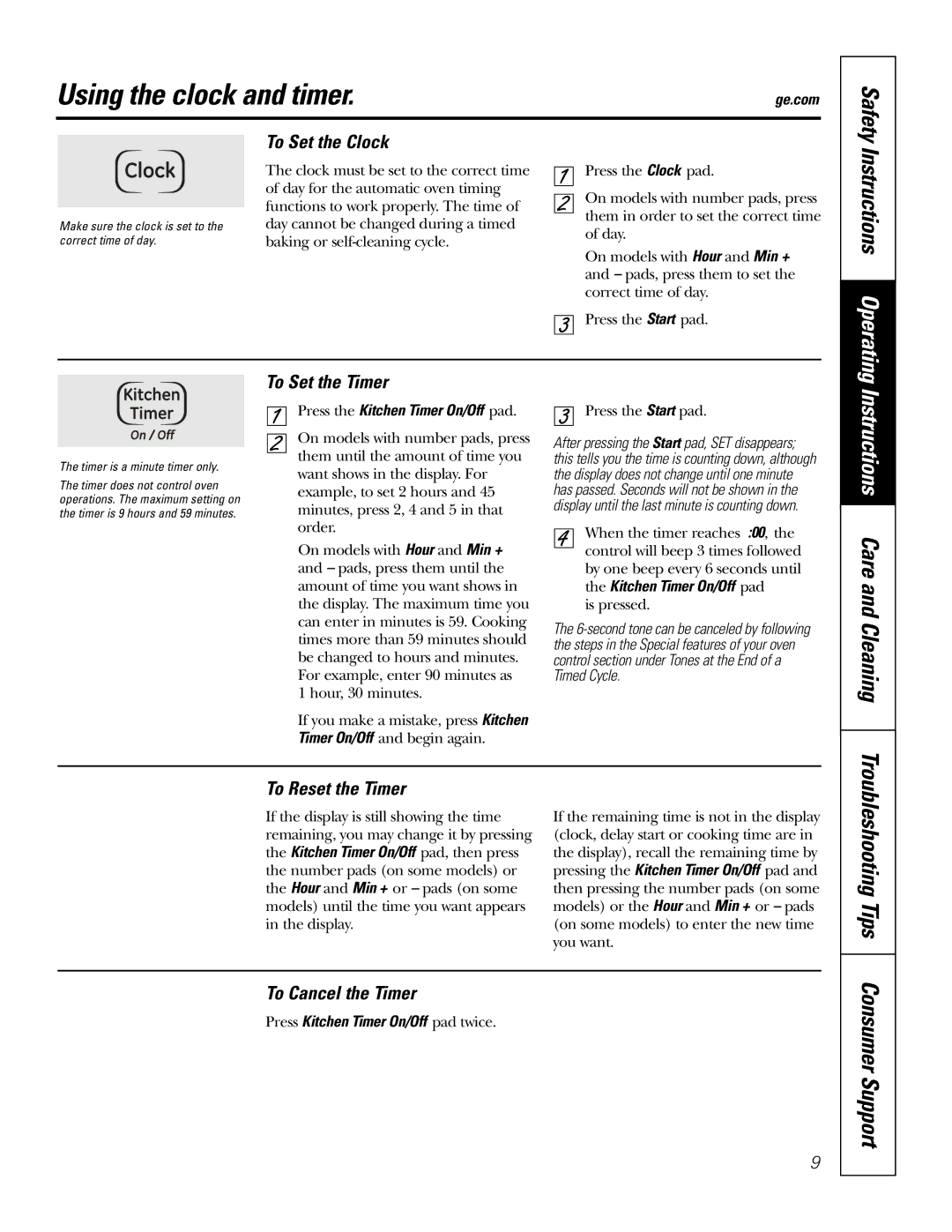 GE JKP7527, JKP3527 Using the clock and timer, Instructions Care and Cleaning, Consumer Support, Instructions Operating 