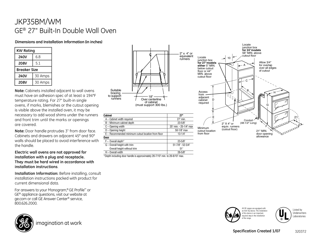 GE JKP35WM dimensions JKP35BM/WM, GE 27 Built-In Double Wall Oven, 4 or, Suitable Bracing To support Runners 