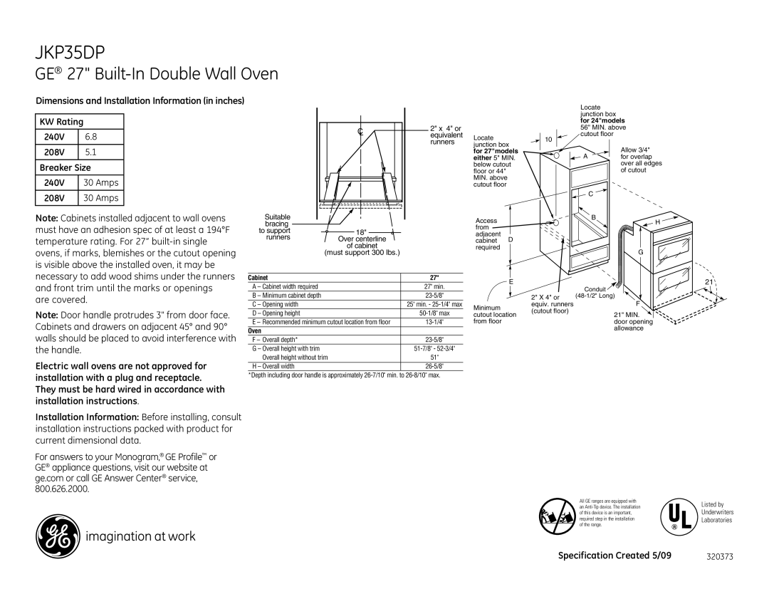 GE JKP35DPWW, JKP35DPBB dimensions GE 27 Built-In Double Wall Oven, Dimensions and Installation Information in inches 