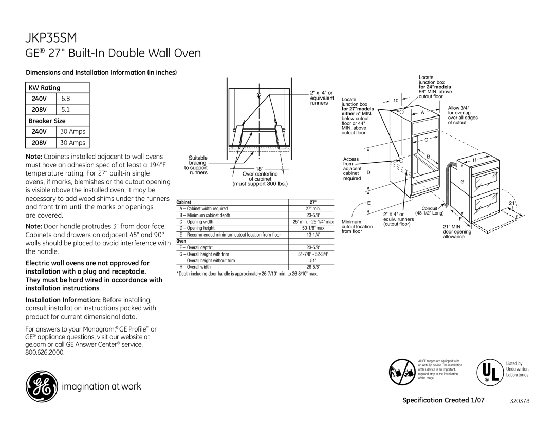 GE JKP35SM dimensions GE 27 Built-In Double Wall Oven, Dimensions and Installation Information in inches 