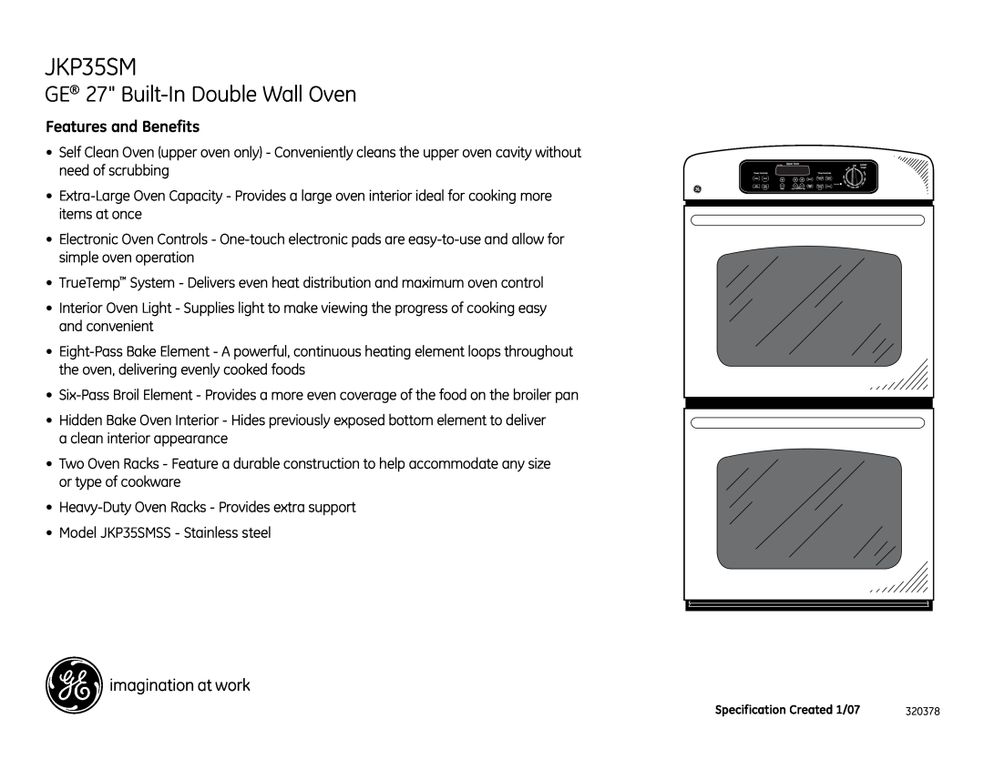 GE JKP35SM dimensions GE 27 Built-InDouble Wall Oven, Features and Benefits 