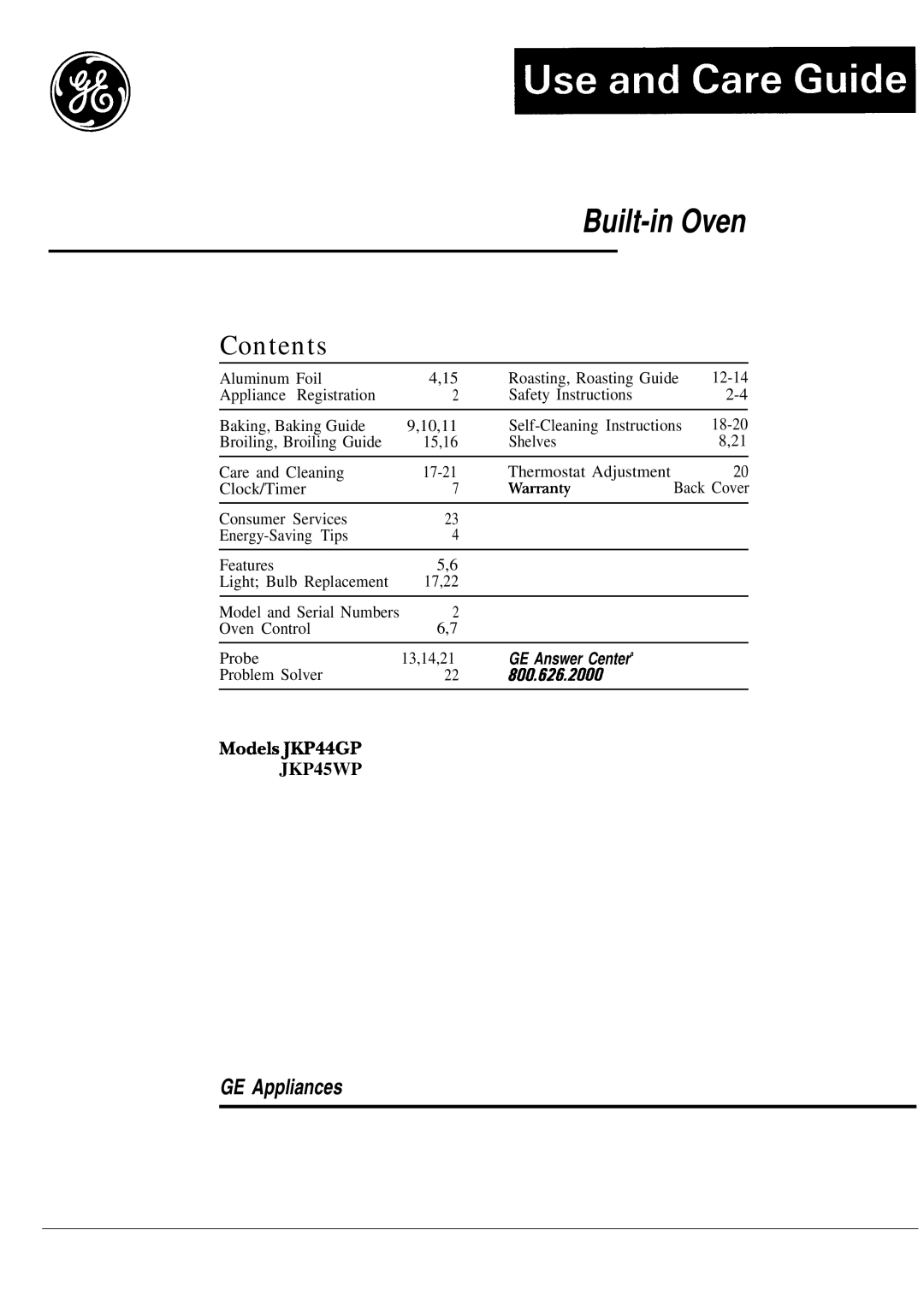 GE JKP44GP manual Built-in Oven 