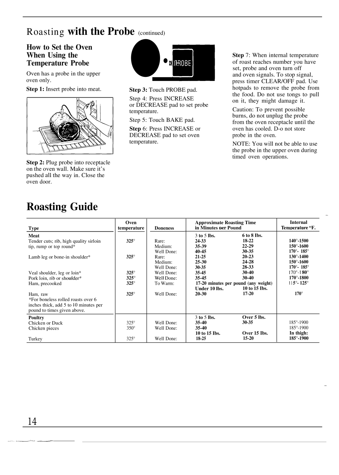 GE JKP44GP manual Roasting with the Probe, Roasting Guide, How to Set the Oven When Using Temperature Probe 