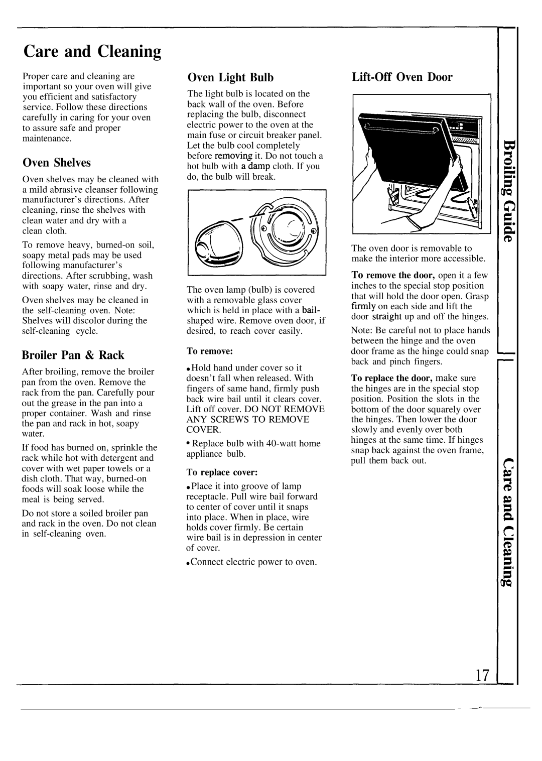 GE JKP44GP manual Care and Cleaning, Broiler Pan & Rack, Oven Light Bulb, Lift-Off Oven Door 