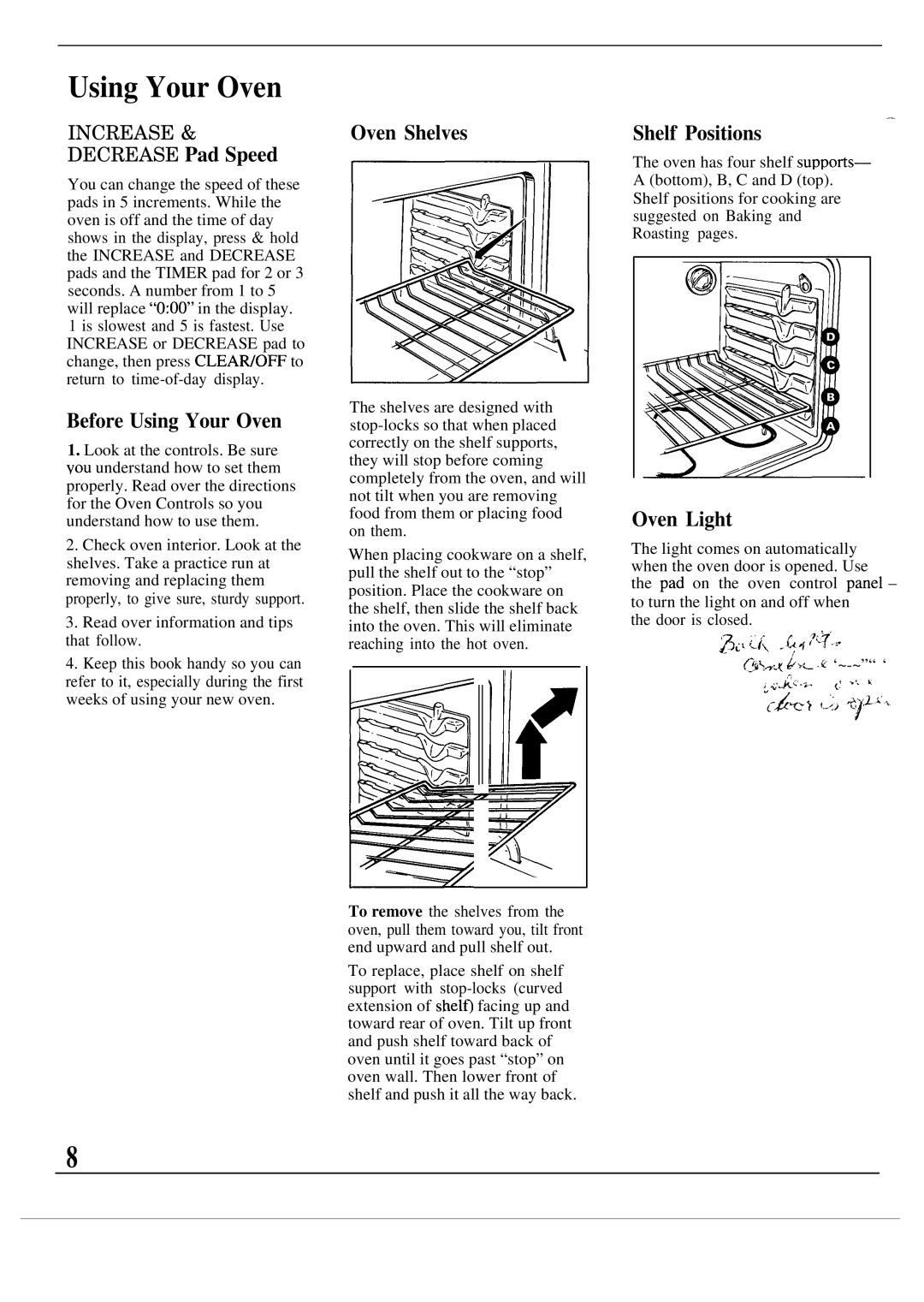 GE JKP44GP manual Before Using Your Oven, Oven Shelves, Shelf Positions, Oven Light 