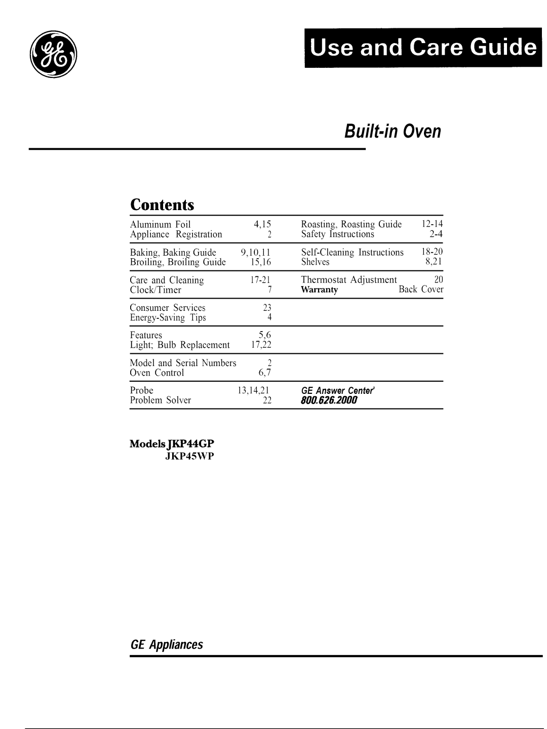 GE JKP44GP, JKP45WP warranty Built-inOven 