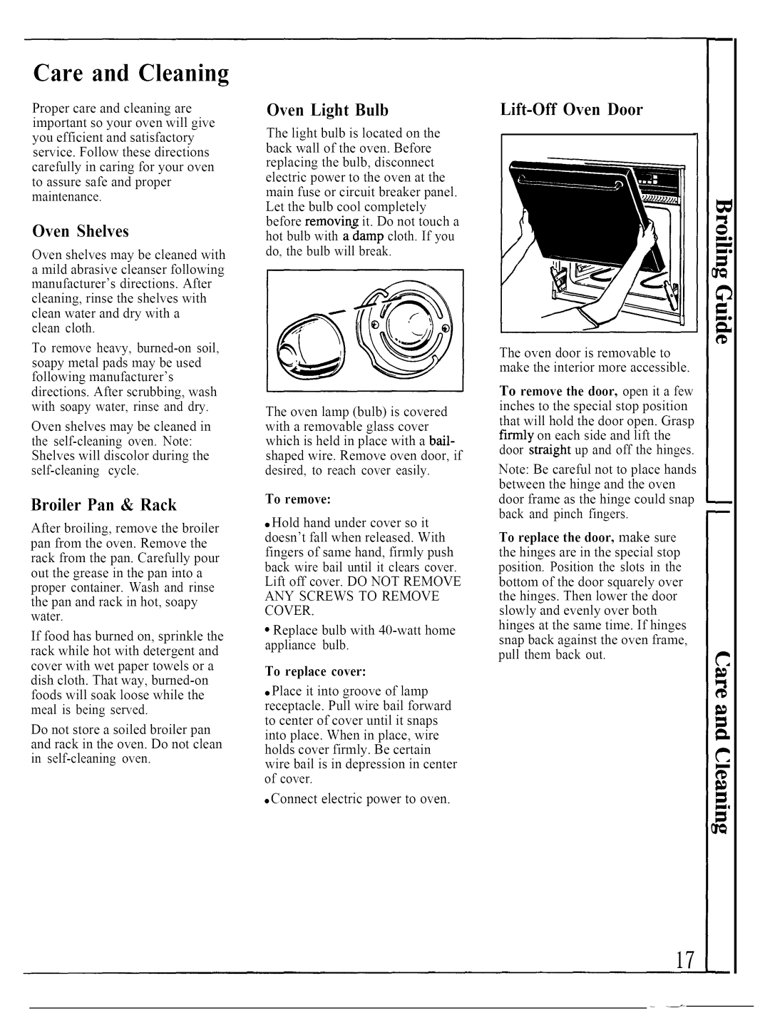 GE JKP44GP, JKP45WP warranty Care and Cleaning, Oven Light Bulb, Lift-Off Oven Door, Broiler Pan & Rack 