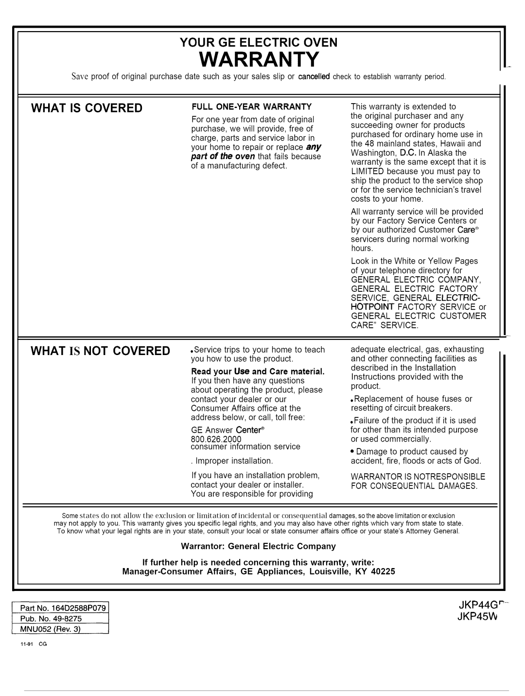 GE JKP45WP, JKP44GP warranty Warranty 