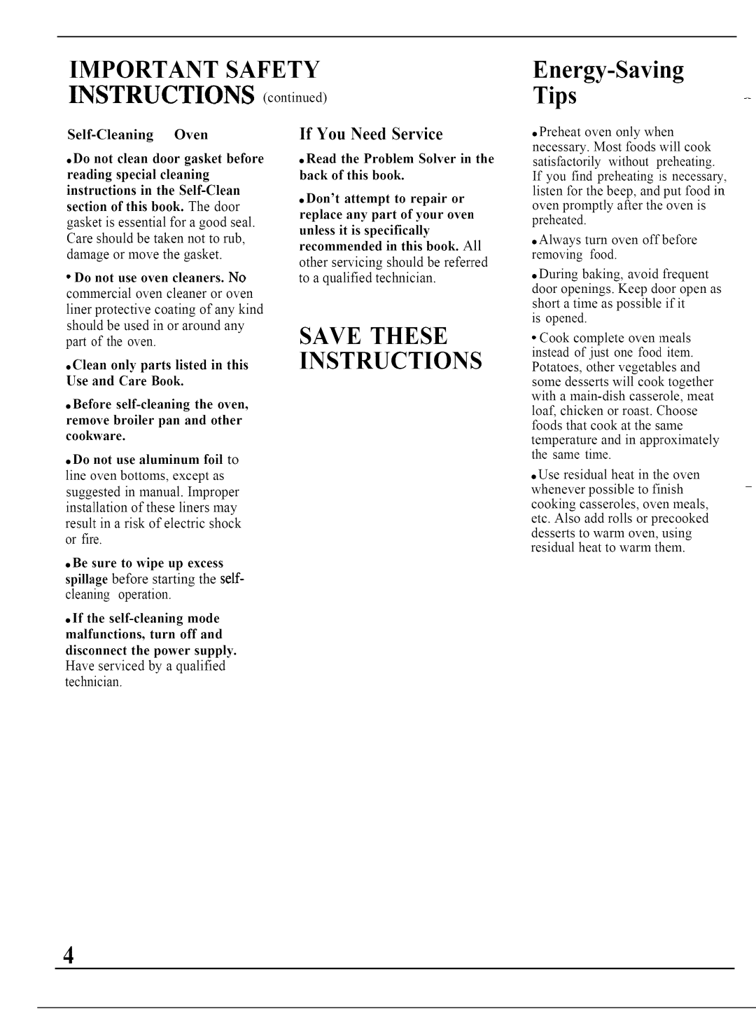 GE JKP45WP Important Safety, INSTRUCTIONS continued, Save These Instructions, If You Need Service, Energy-SavingTips 