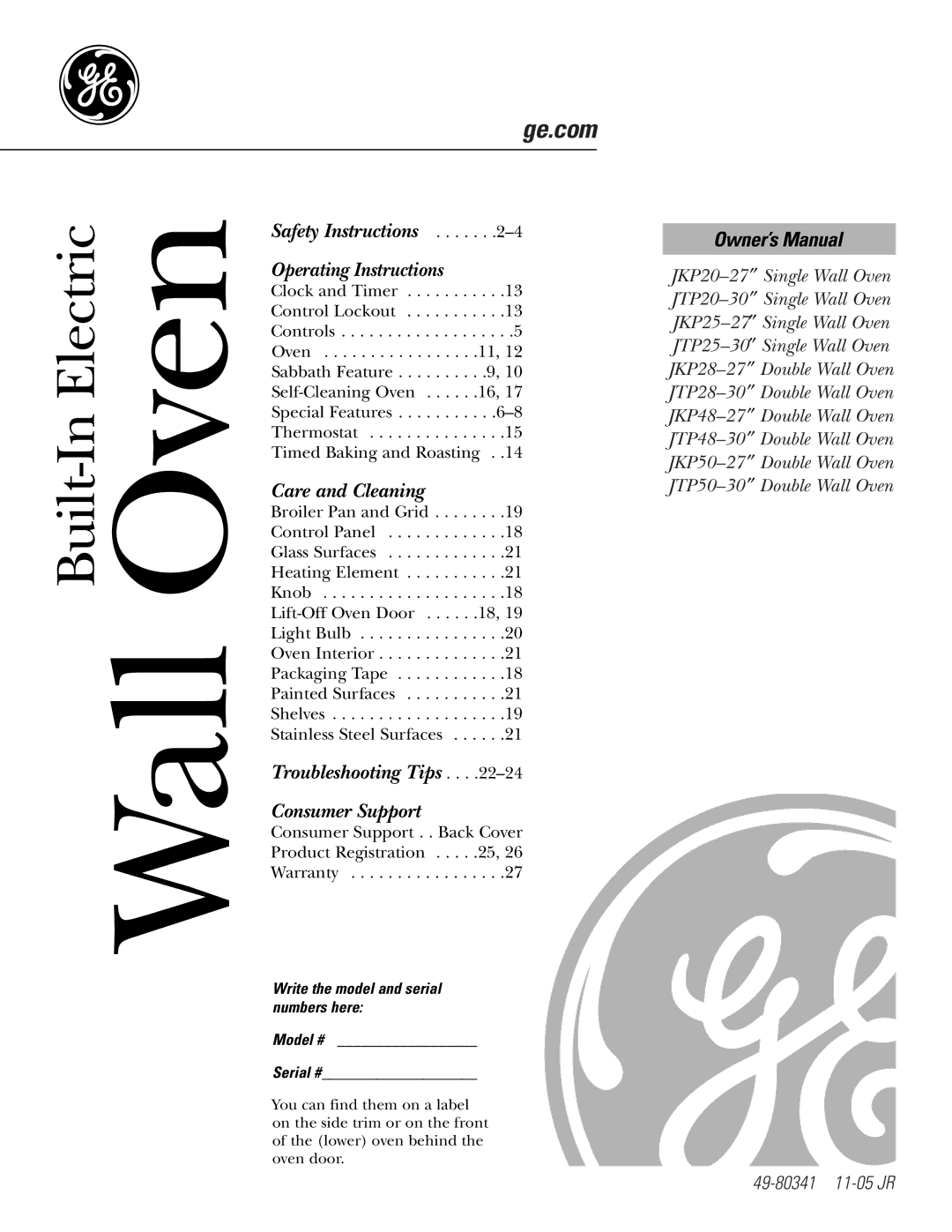 GE JKP5027, JKP4827, JKP2527, JKP2827 owner manual Wall Oven, Write the model and serial numbers here Model # Serial # 