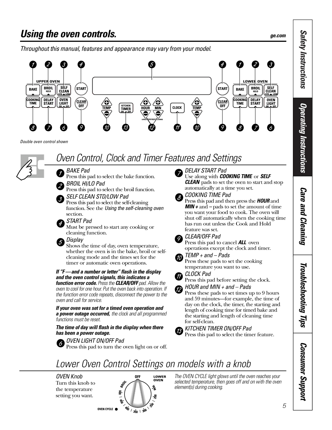 GE JTP2830, JKP4827, JKP5027, JKP2527 Using the oven controls, Safety Instructions Operating Instructions, Consumer Support 