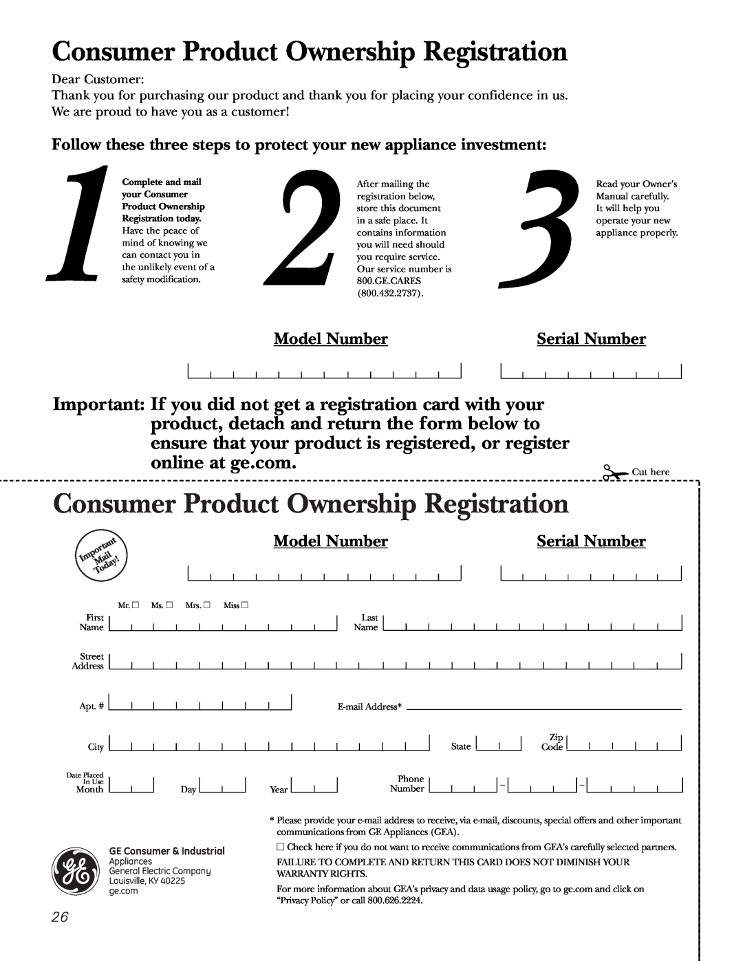 GE JTP2030 Model Number, Serial Number, Consumer Product Ownership Registration, online at ge.com, Complete and mail 