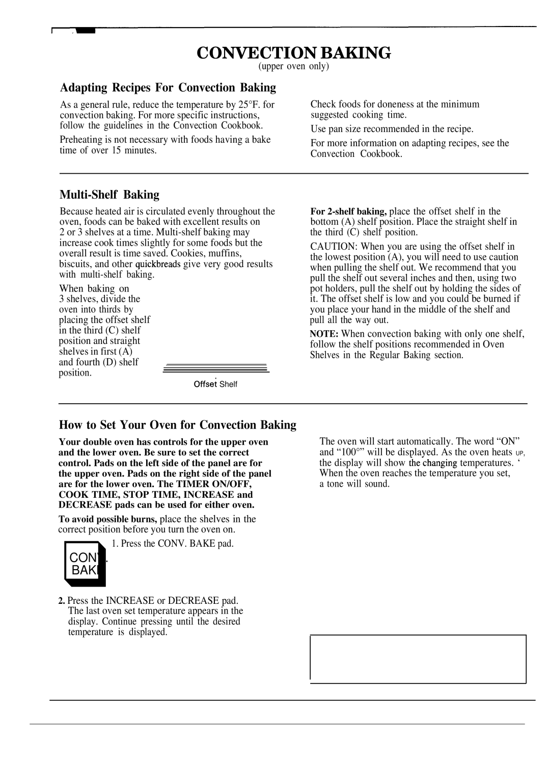 GE JKP54, 164D2966P030 warranty Adapting Recipes For Convection Baking, Multi-Shelf Baking, Bake, Off 