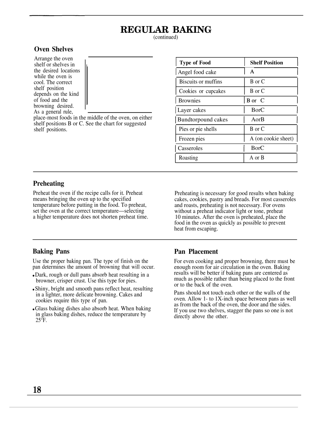 GE JKP54, 164D2966P030 Preheating, Baking Pans, Pan Placement, Angel food cake Biscuits or muffins, Cookies or cupcakes 