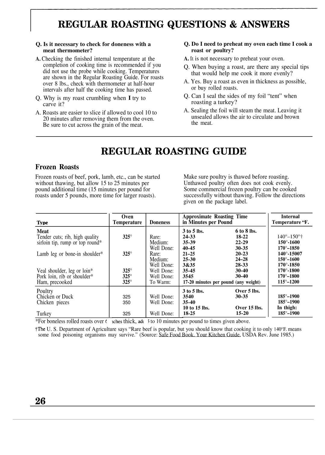 GE JKP54, 164D2966P030 warranty Regular Roasting Questions & Answers, Regular Roasting Guide, Frozen Roasts 