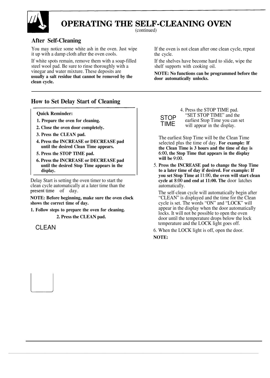 GE JKP54, 164D2966P030 warranty After Self-Cleaning, How to Set Delay Start of Cleaning, SET Stop Time 