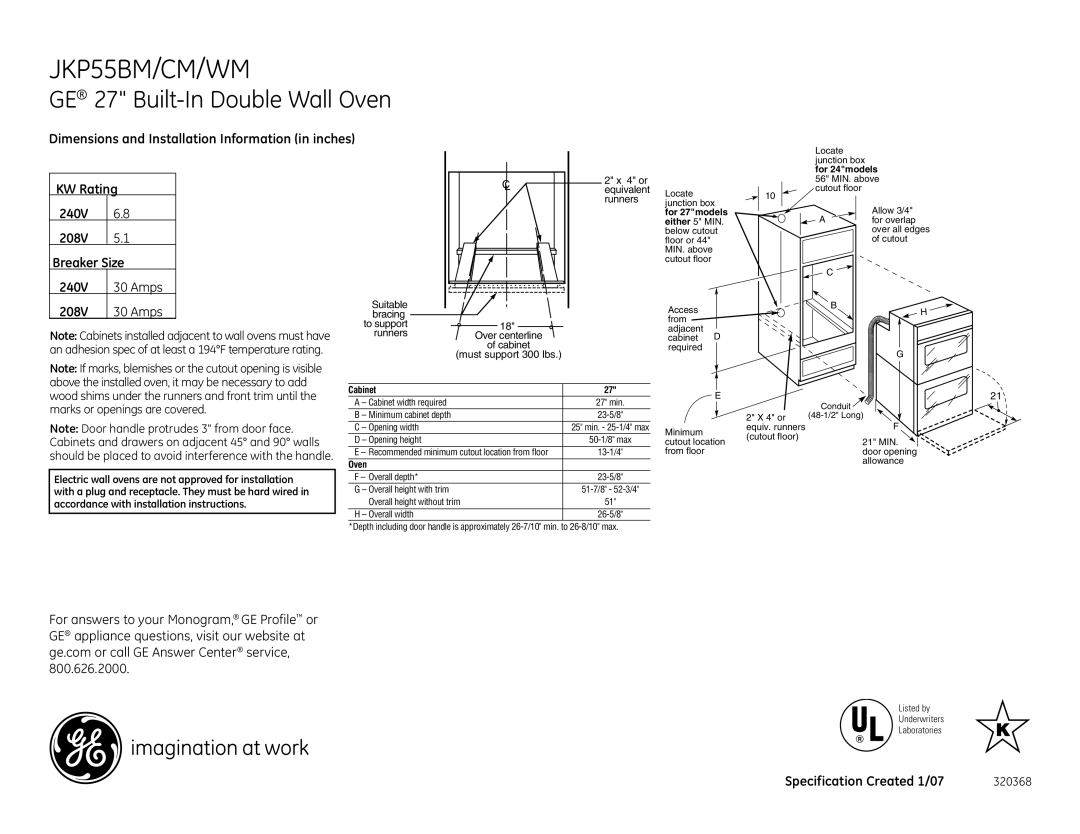 GE installation instructions JKP55BM/CM/WM, GE 27 Built-In Double Wall Oven, KW Rating 240V 208V Breaker Size Amps 