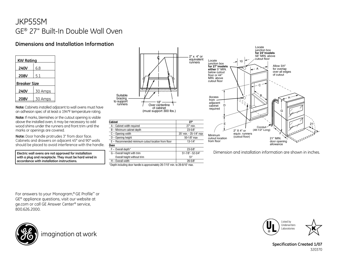 GE JKP55SM dimensions GE 27 Built-In Double Wall Oven, Dimensions and Installation Information 