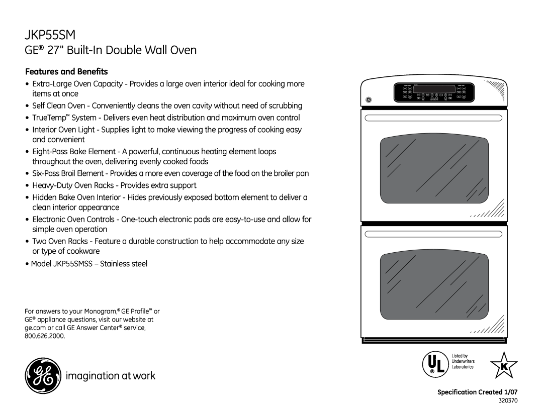 GE JKP55SM dimensions Features and Benefits, GE 27 Built-InDouble Wall Oven 