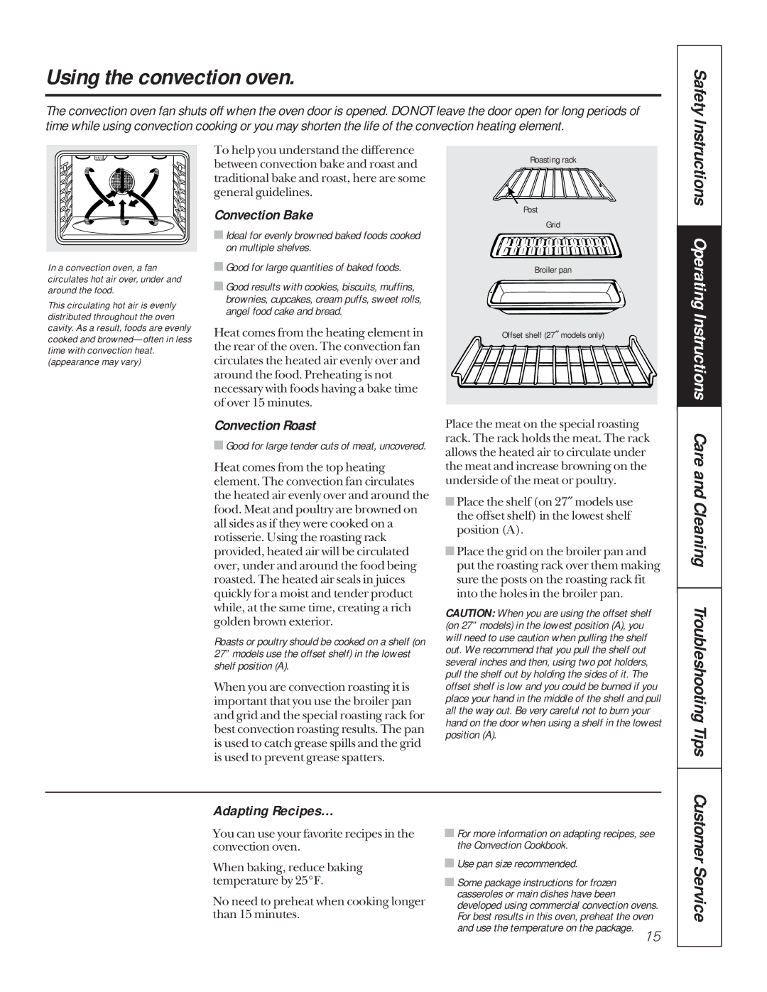 GE JKP18, JKP56 Using the convection oven, Convection Bake, Convection Roast, Adapting Recipes…, Use pan size recommended 