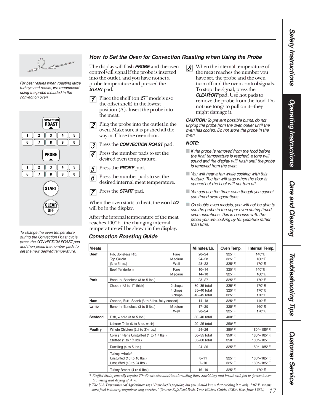 GE jt950, JKP56, JKP18, JTP18, jk910, jk950, jt910 owner manual Convection Roasting Guide, Press the Convection Roast pad 