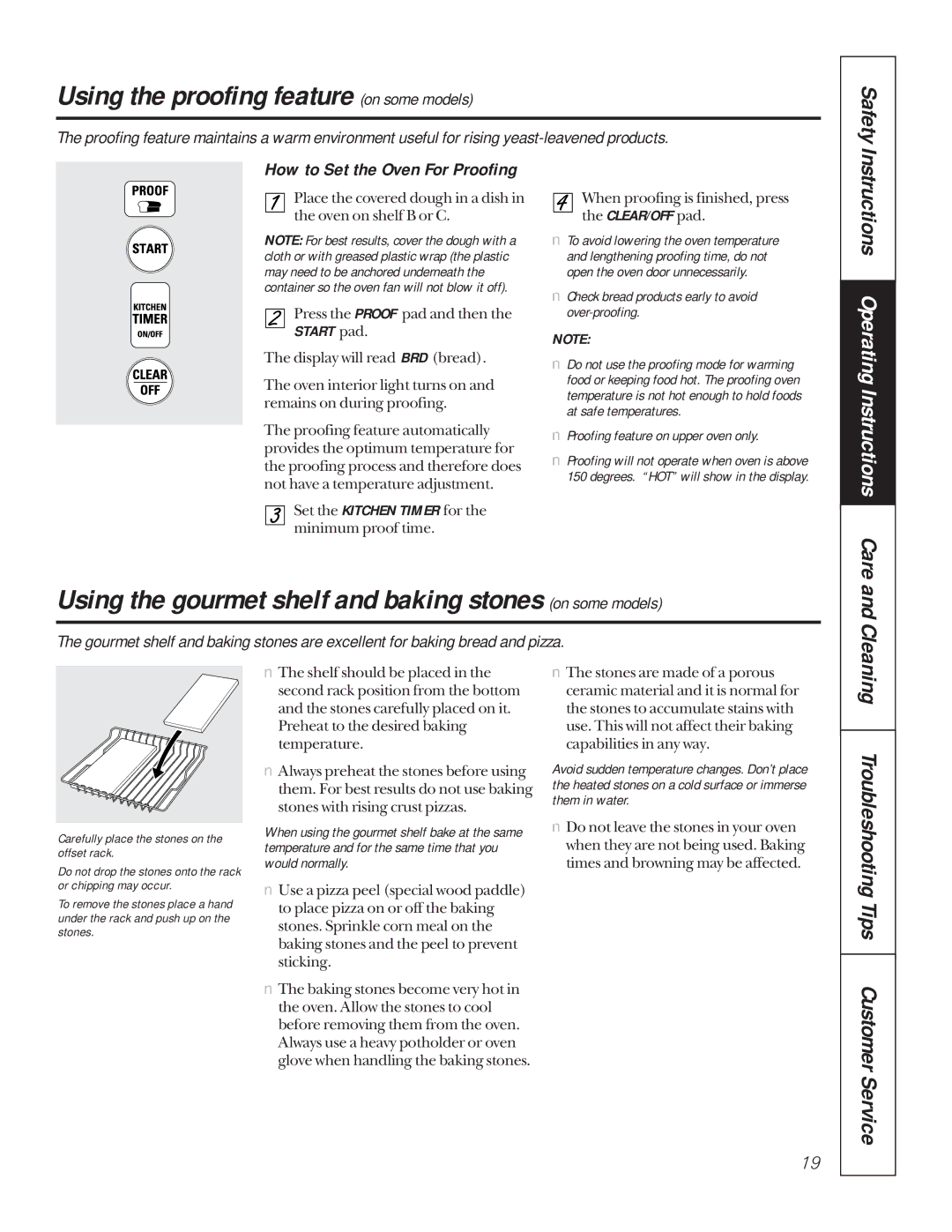 GE jk950, JKP56, JKP18 Using the proofing feature on some models, Using the gourmet shelf and baking stones on some models 