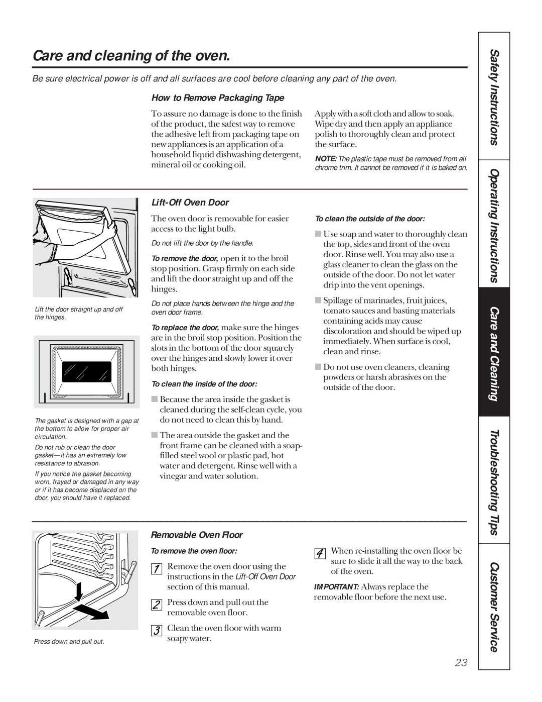 GE JTP18 Care and cleaning of the oven, Instructions Care and Cleaning Troubleshooting Tips, How to Remove Packaging Tape 