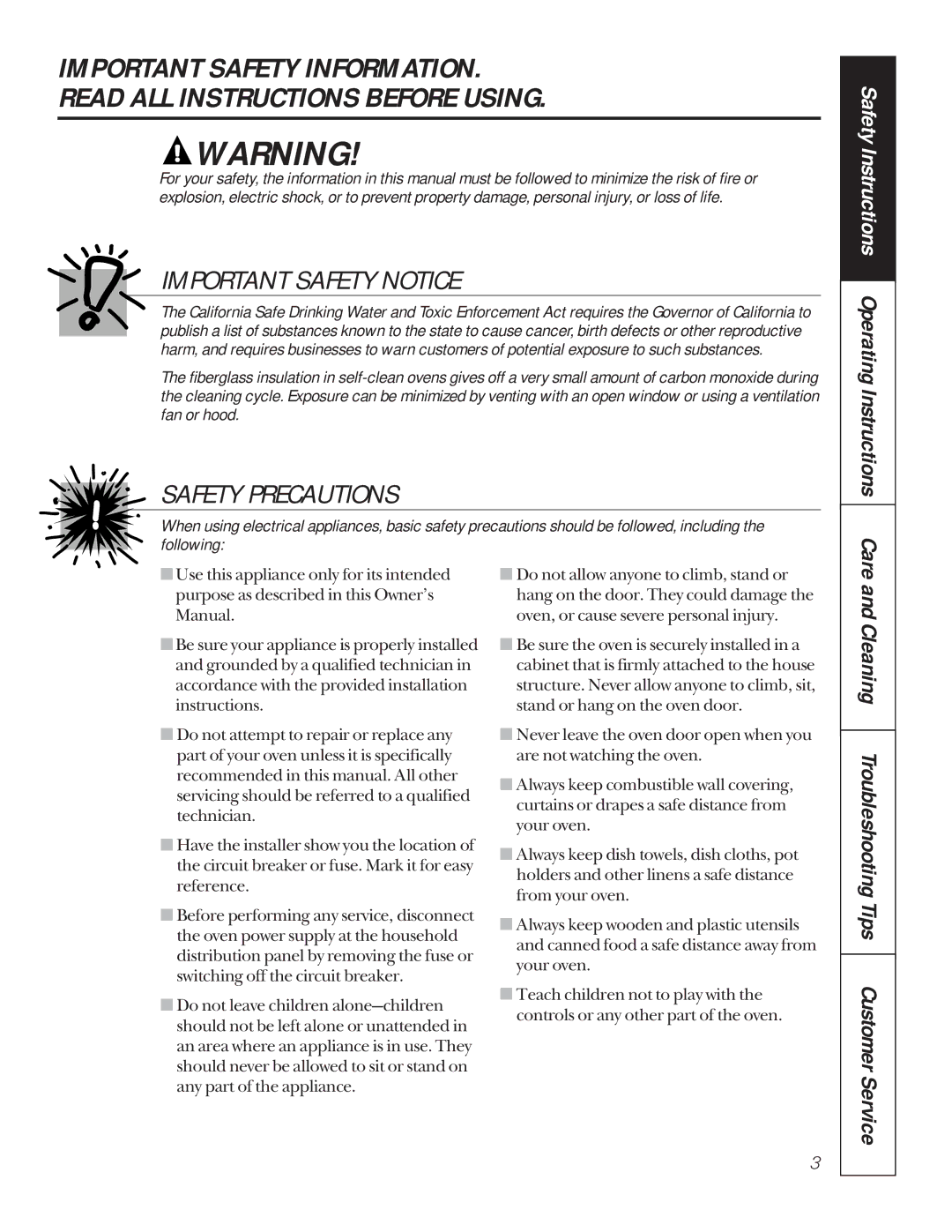 GE jt950, JKP56, JKP18 Safety Instructions Operating Instructions Care, Cleaning Troubleshooting Tips Customer Service 