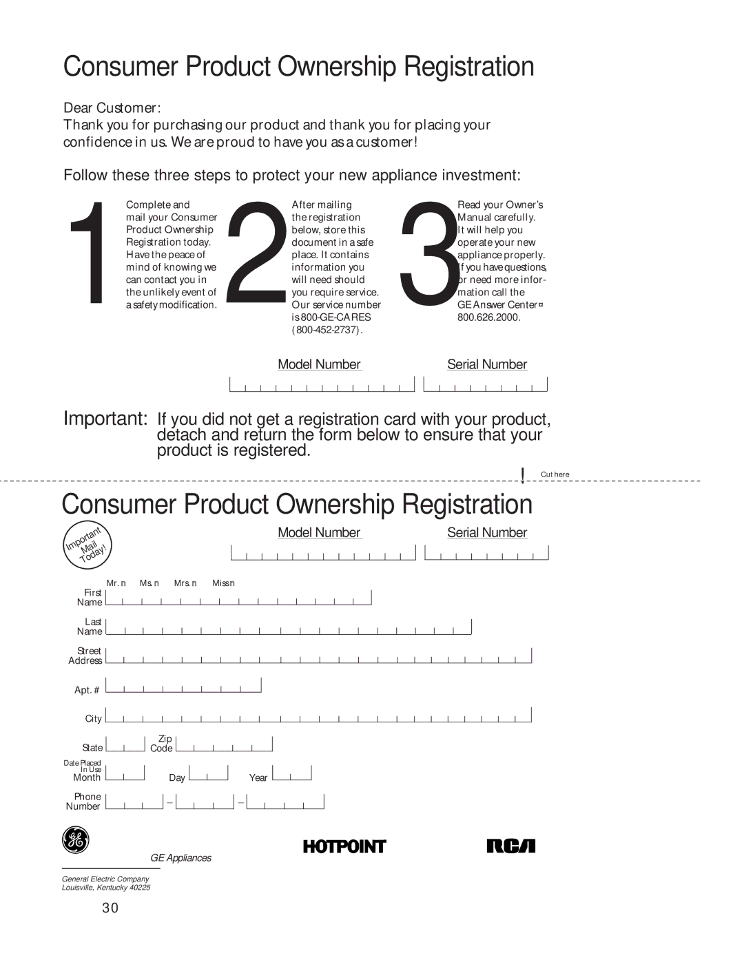 GE JTP18, JKP56, JKP18, jt950, jk910, jk950, jt910 owner manual Consumer Product Ownership Registration 