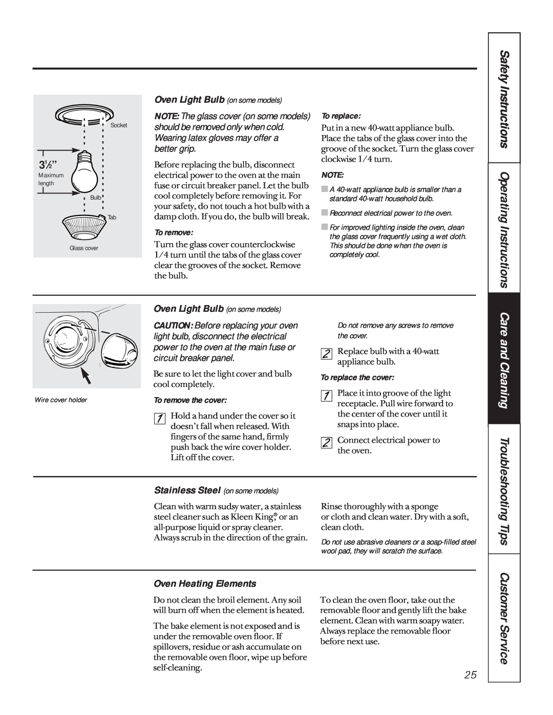 GE jk910 Safety Instructions Operating Instructions, Oven Light Bulb on some models, Stainless Steel on some models, Tips 