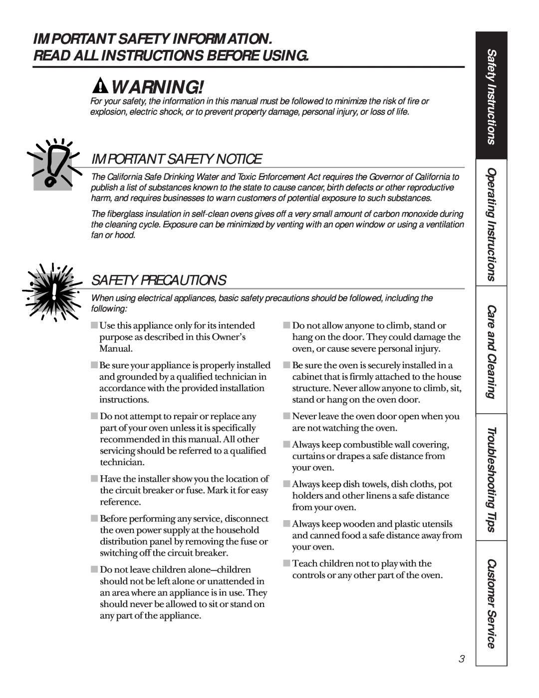 GE jt950 Important Safety Information Read All Instructions Before Using, Important Safety Notice, Safety Precautions 