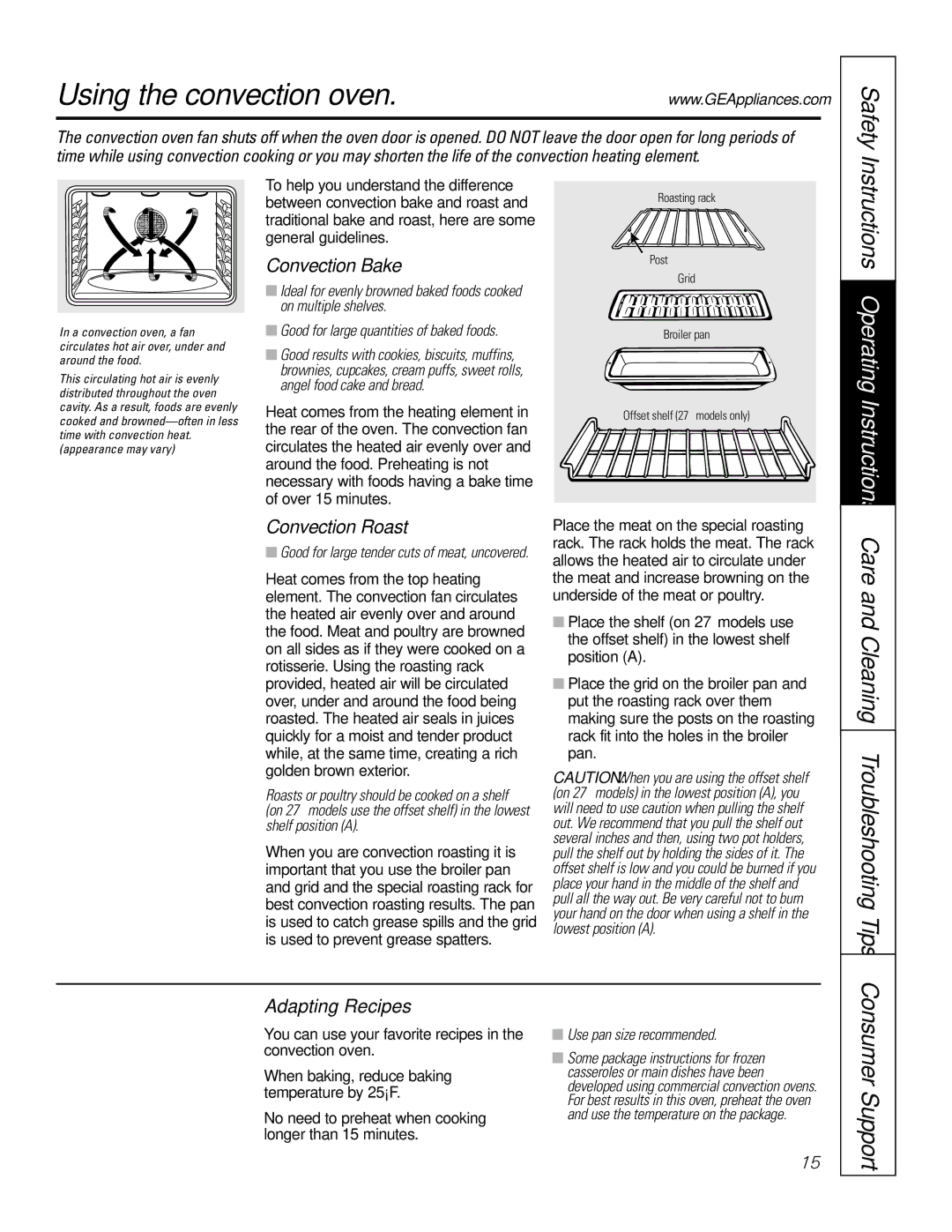 GE JTP18, JKP56 Using the convection oven, Convection Bake, Convection Roast, Adapting Recipes…, Use pan size recommended 