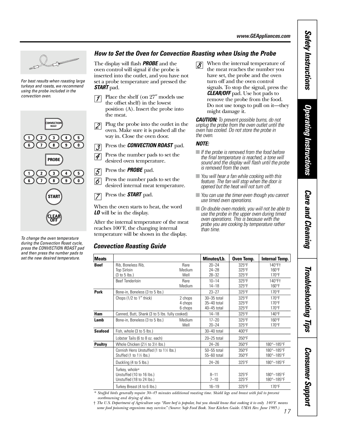 GE JKP18, JKP56, JTP56, JTP18 owner manual Convection Roasting Guide, Press the Convection Roast pad 