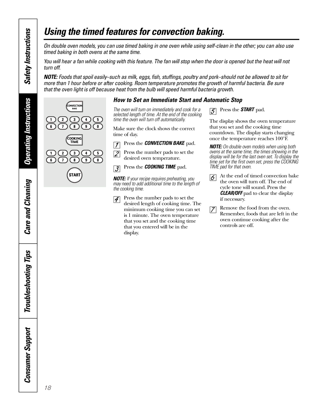 GE JTP56, JKP56, JKP18 Using the timed features for convection baking, Safety Instructions, Press the Convection Bake pad 