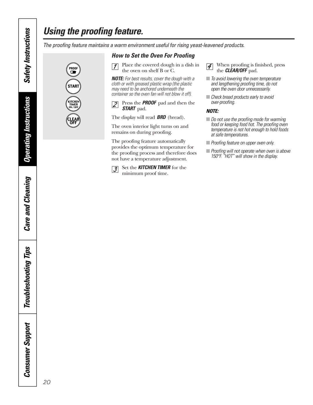 GE JKP56 Using the proofing feature, How to Set the Oven For Proofing, Check bread products early to avoid over-proofing 