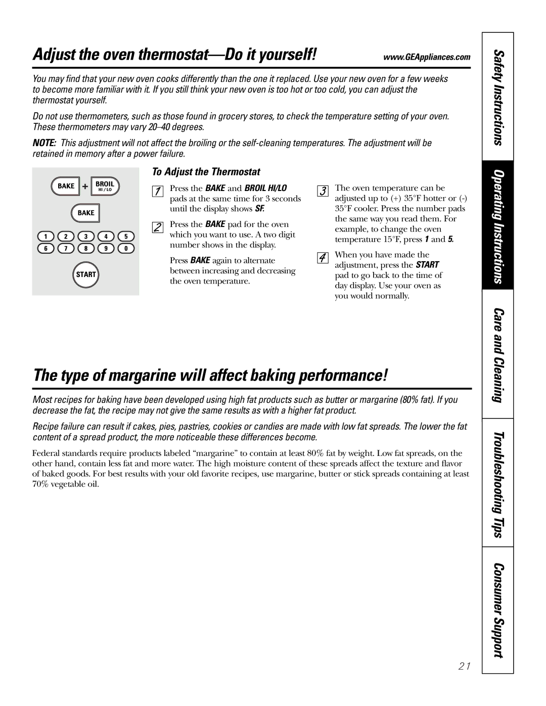 GE JKP18, JKP56, JTP56, JTP18 Adjust the oven thermostat-Do it yourself, Type of margarine will affect baking performance 