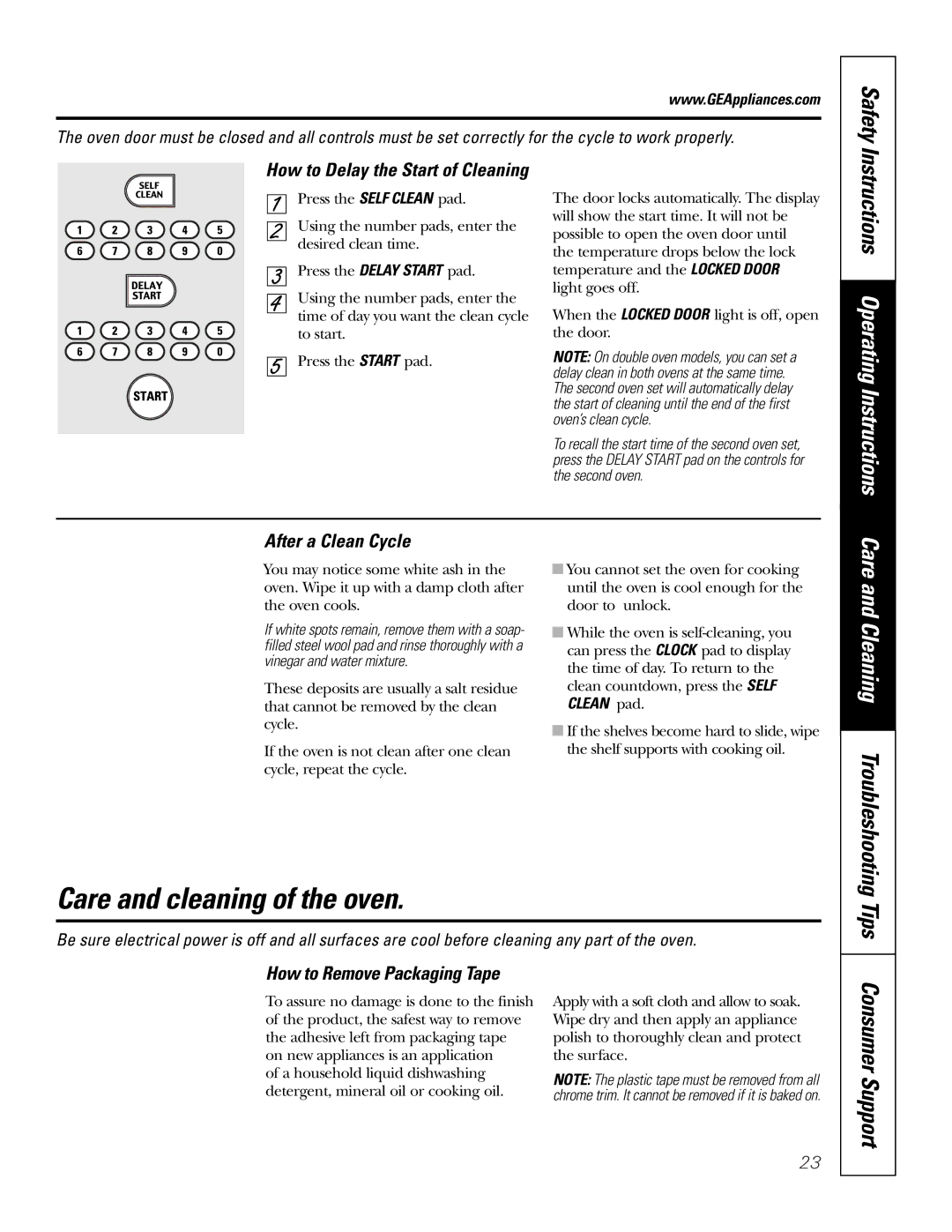 GE JTP18 Care and cleaning of the oven, Cleaning Troubleshooting, How to Delay the Start of Cleaning, After a Clean Cycle 