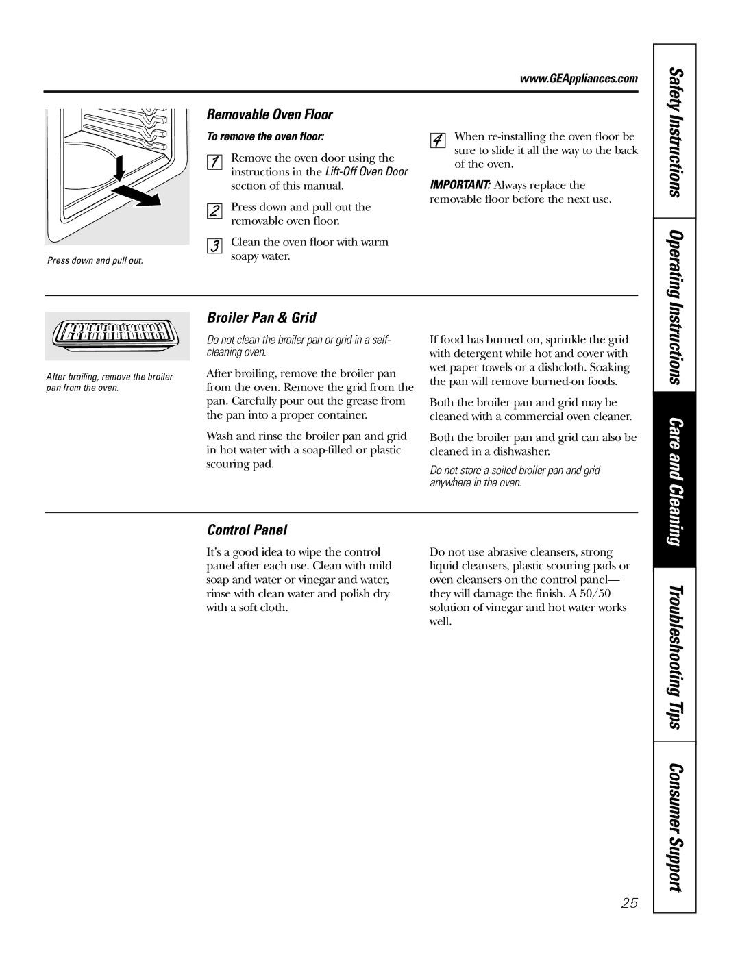 GE JKP18, JKP56 Instructions Operating, Removable Oven Floor, Broiler Pan & Grid, Control Panel, To remove the oven floor 