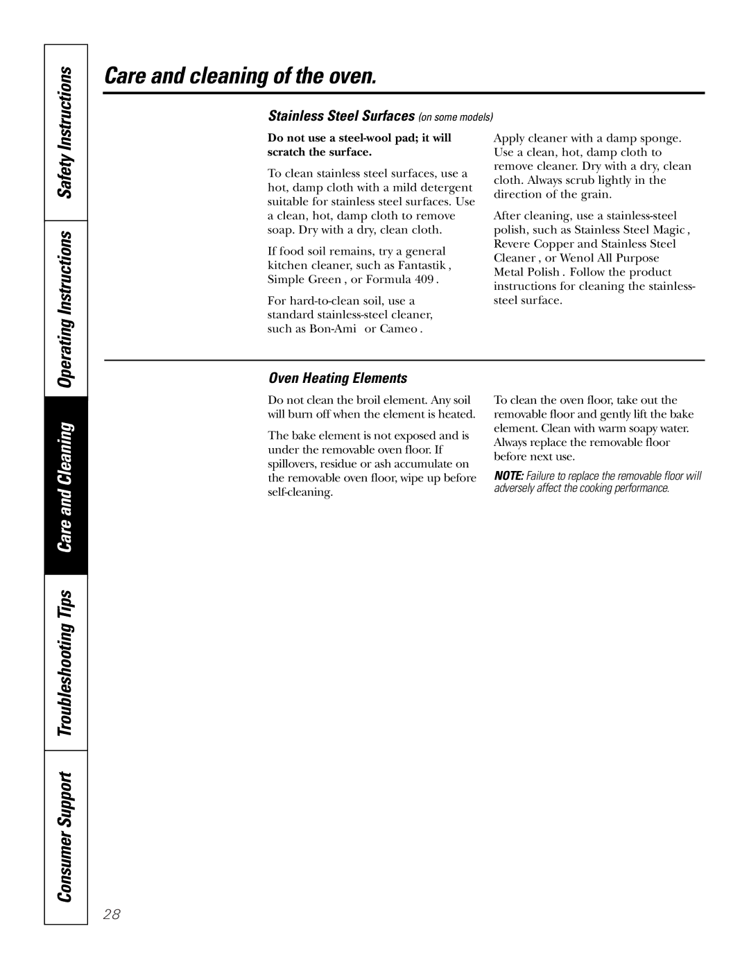 GE JKP56 Consumer Support Troubleshooting Tips Care and Cleaning, Operating Instructions Safety, Oven Heating Elements 