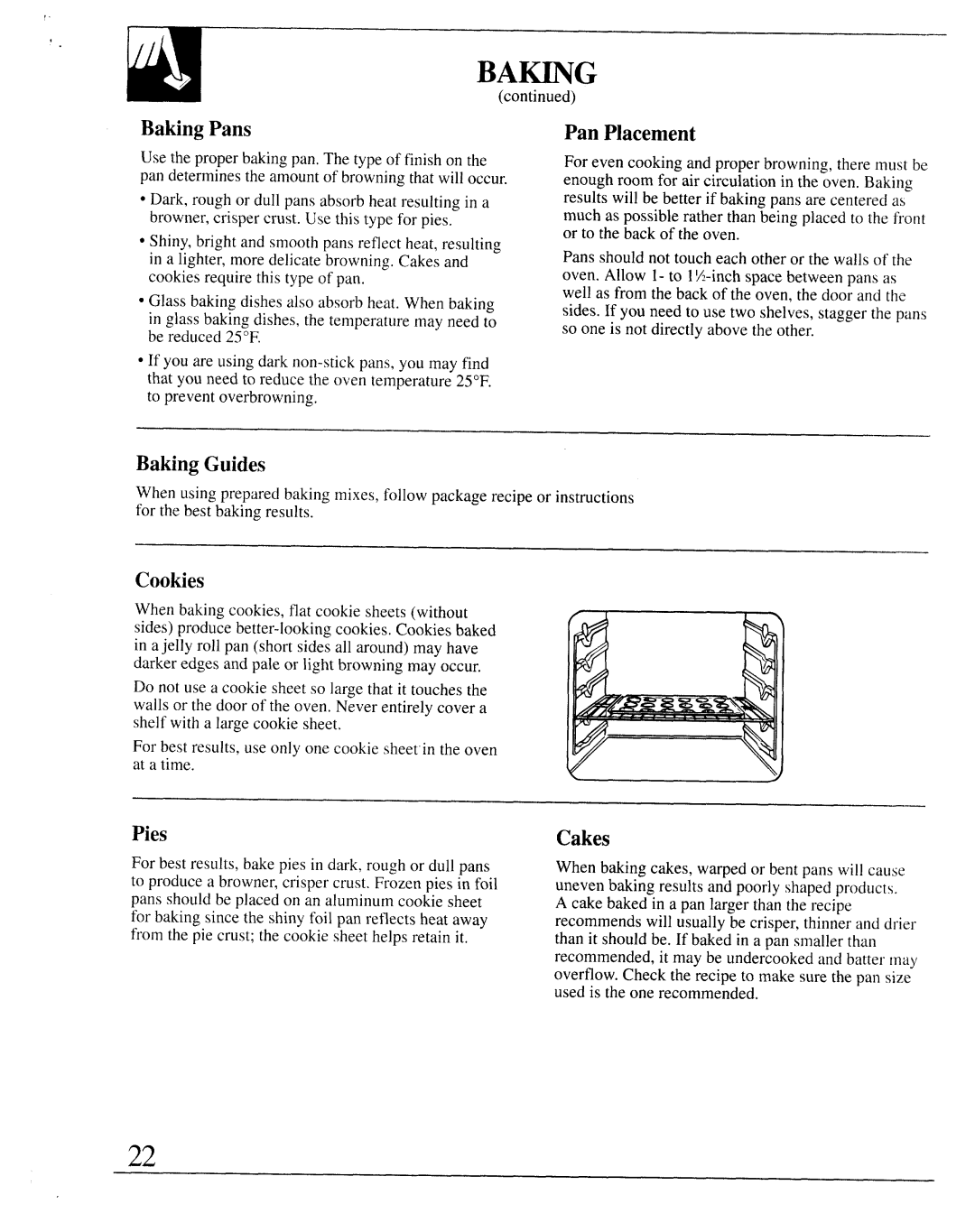 GE JKP65, JKP66, JKP64, 164D2966P127-I manual Baking Pans, Baking Guides Pan Placement, Cookies, Pies, Cakes 