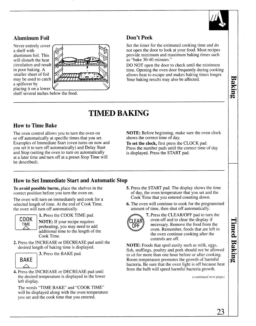 GE 164D2966P127-I Tmed BA~NG, Aluminum Foil, Don’t Peek, How to Time Bake, How to Set ImmediateStart and Automatic Stop 