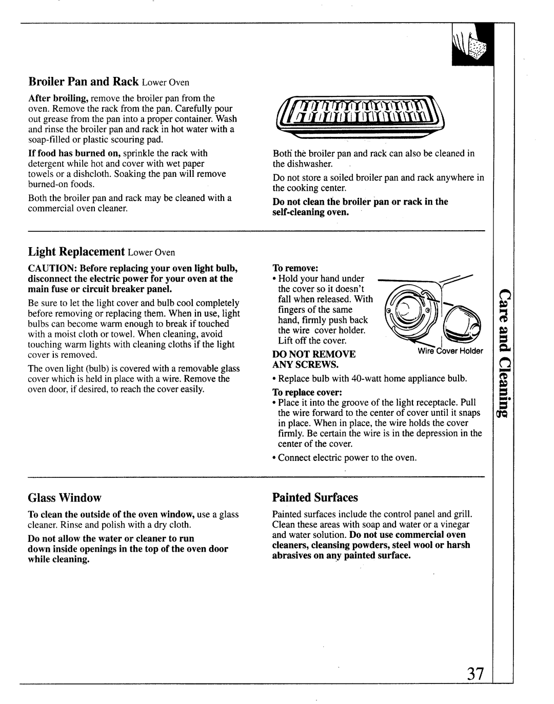 GE JKP64, JKP66, JKP65 manual BroilerPan and Rack LowerOven, Light ReplacementLowerOven, Glass Window, Painted Sufiaces 