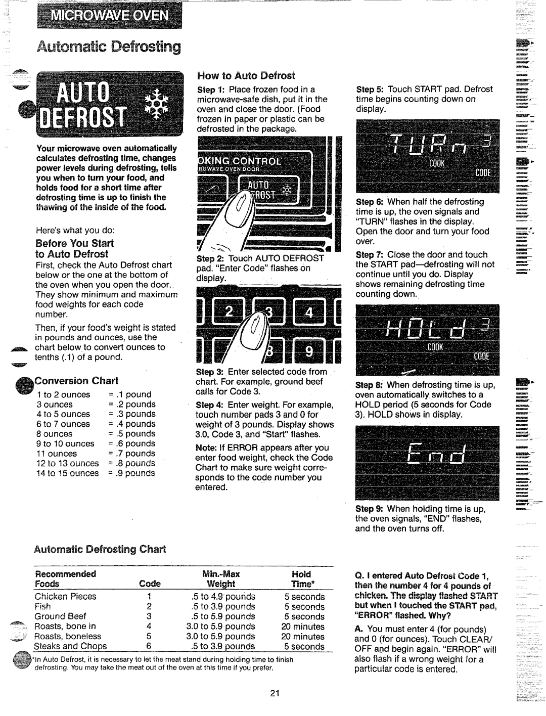 GE JKP67G manual ToA Defrost, ‘ a, Code Time 