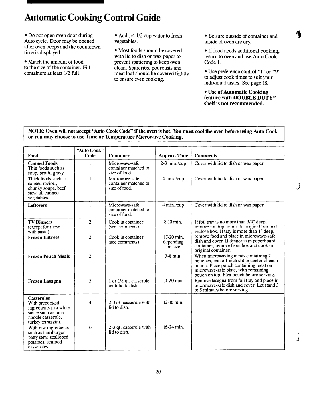 GE JKP68G warranty Automatic Cooking Control Guide, Foods 