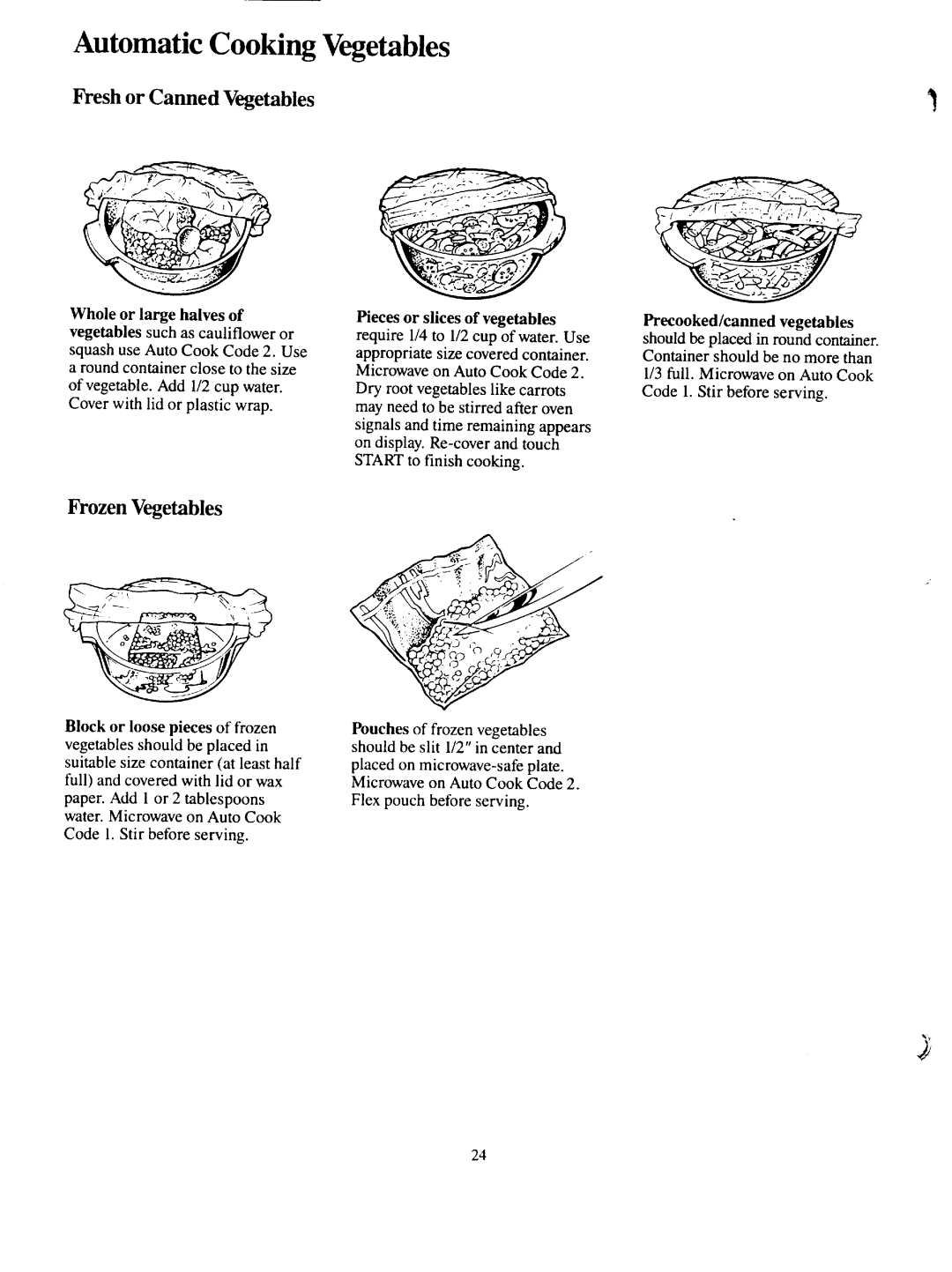 GE JKP68G warranty Automatic Cooking Vqetables, Fresh or Canned Vegetables, Frozen Wgetables, Whole or large halves 