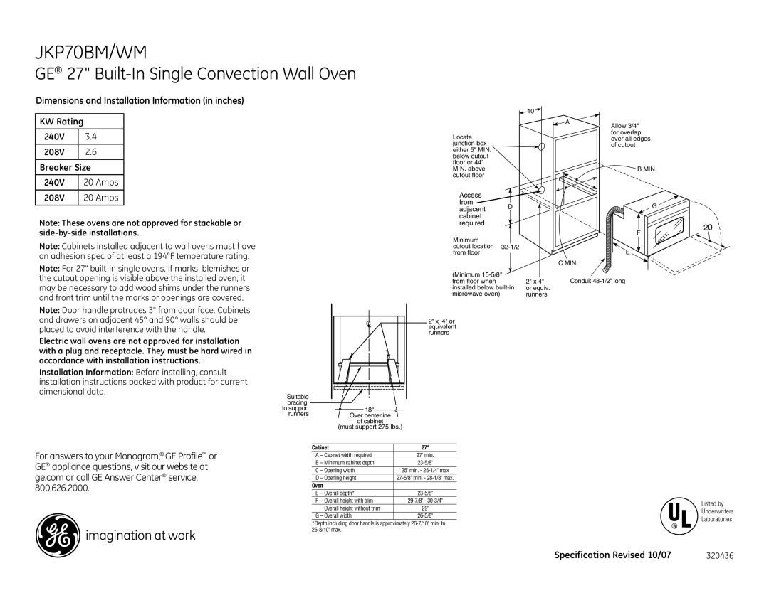 GE JKP70WM, JKP70BM dimensions Cabinet, Oven 