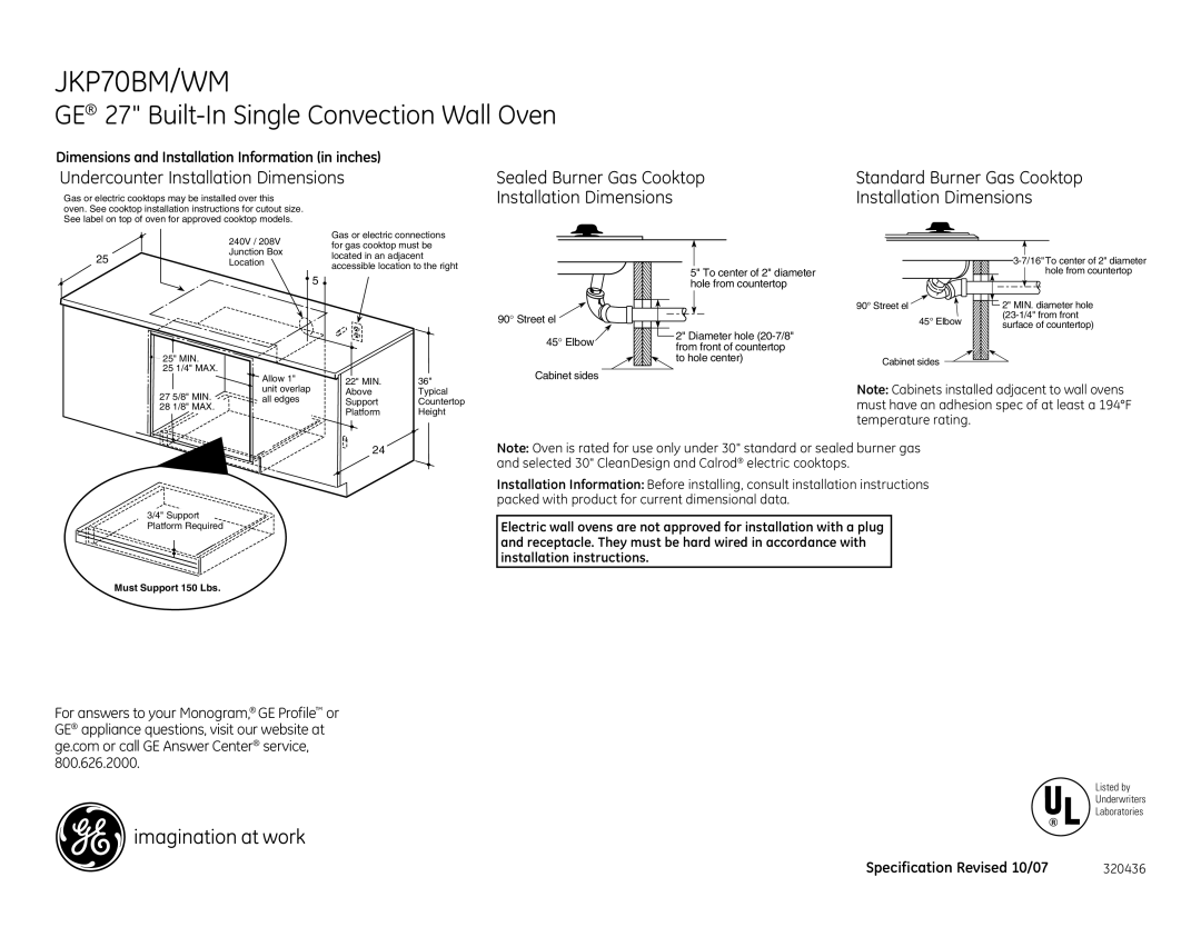 GE JKP70BM, JKP70WM dimensions Undercounter Installation Dimensions, Sealed Burner Gas Cooktop 