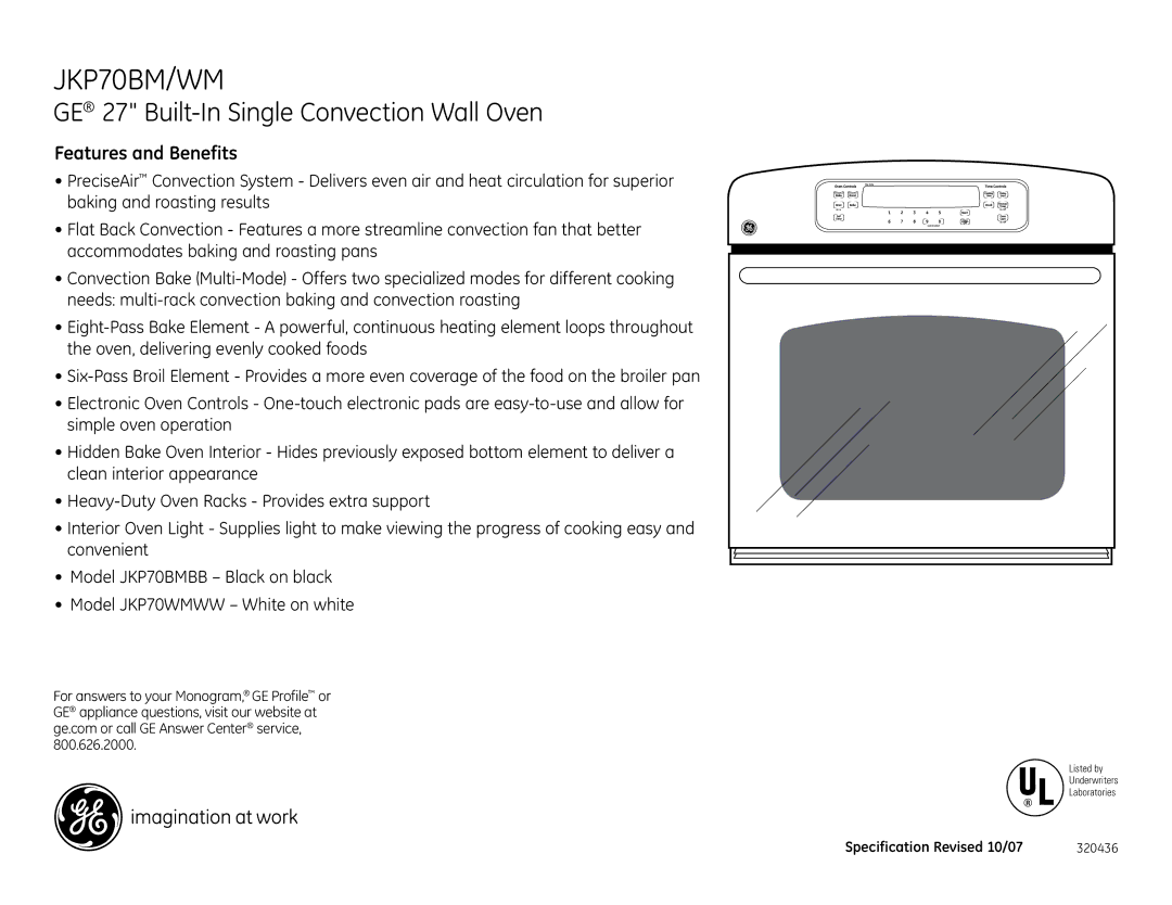 GE JKP70WM, JKP70BM dimensions Features and Benefits 