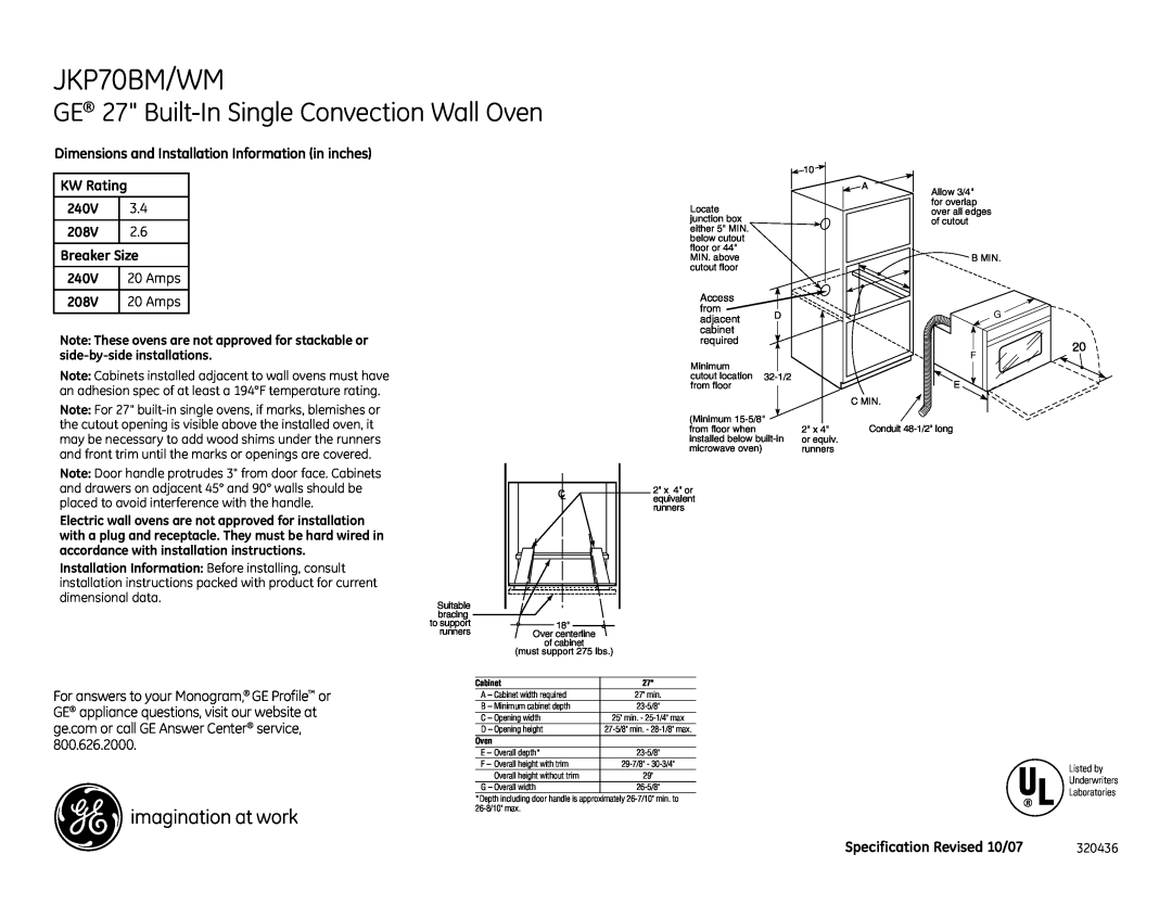 GE JKP70WM dimensions JKP70BM/WM, GE 27 Built-InSingle Convection Wall Oven 